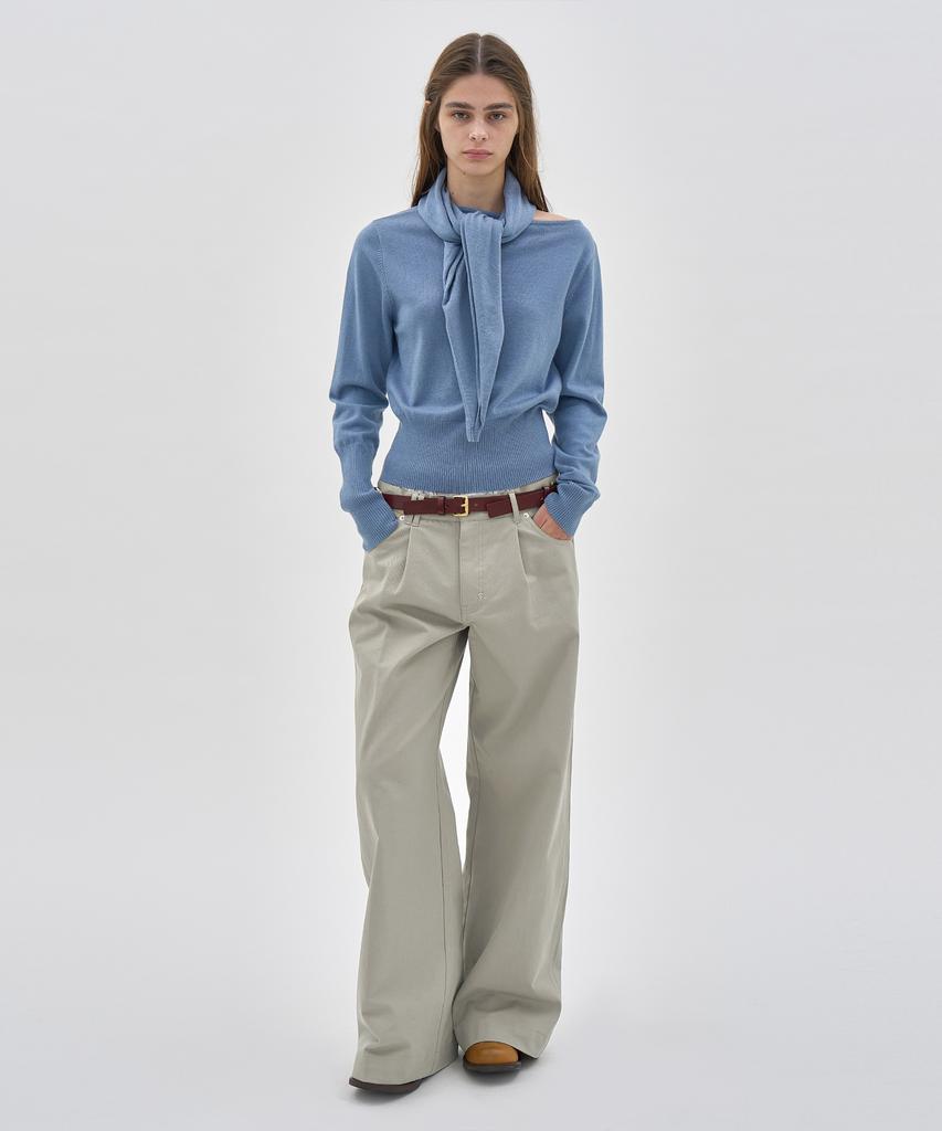 PARTIMENTO WOMEN Two-Way Asymmetrical Scarf Knit Crew Neck_Dusty Blue