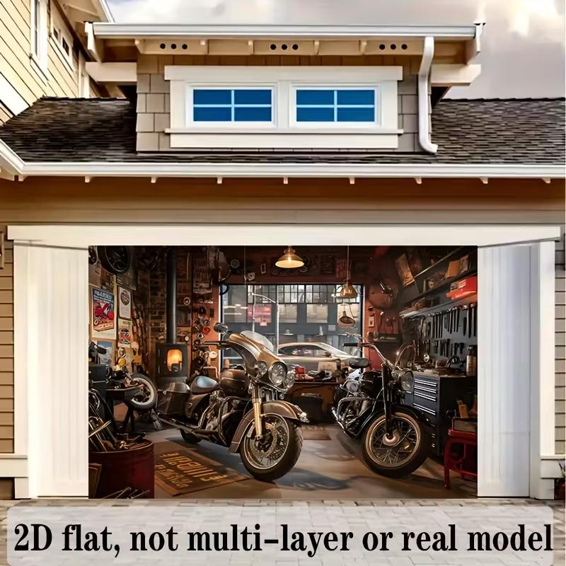 2D Vintage Motorcycle Garage Backdrop Banner - Biker Party Photo Background