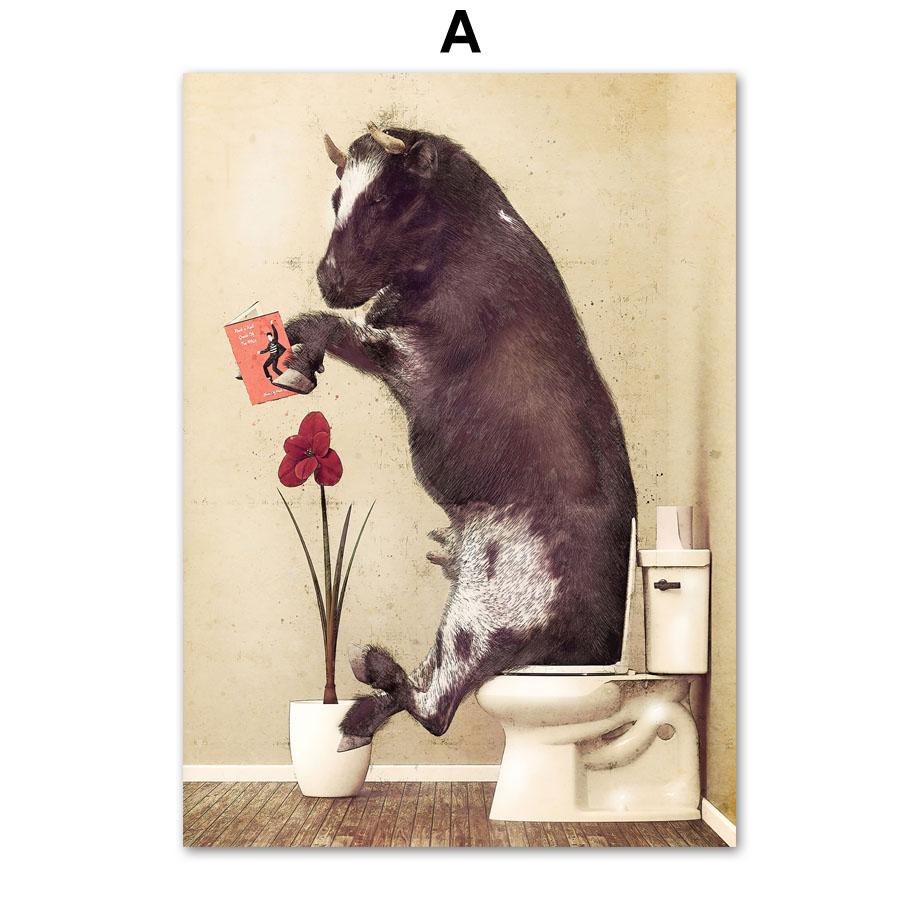 Ванная комната Юмор Дракон Жираф Слон Медведь Корова Енот Настенная живопись Печать на холсте Картина Ванна Плакат на скандинавскую тему Декор для туалетной комнаты