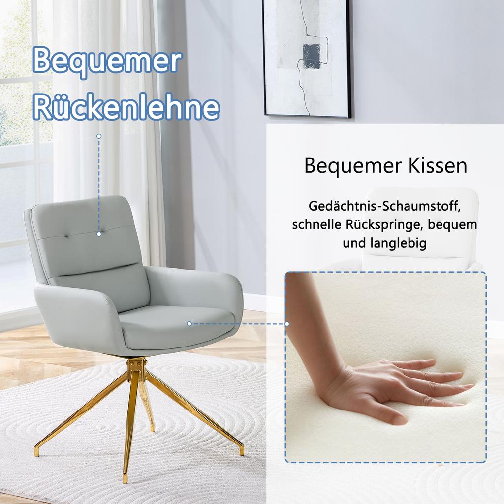 [Set of 2] European Light Luxury Swivel Chair: Warm Gray PU + Gold-Colored Metal Legs, 360 degrees Silent Rotation