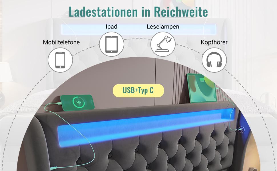 Upholstered Bed Double 140x200cm, with LED Lights, Storage Headboard with USB and Type-C Ports, Hydraulic Storage, Gray, Velvet (Without Mattress)