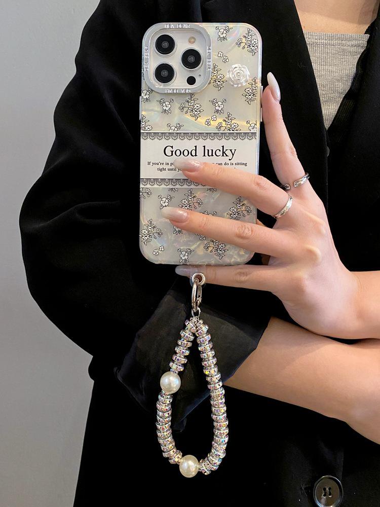 Lux Shell Texture Camellia iPhone 17 Pro Max Case with Apple 16 Rhinestone Bracelet for 15 PM