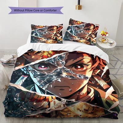 Demon Slayer Kimetsu No Yaiba Pattern Bedding Quilt Set Home Decoration Gift (1 * Duvet Cover + 2 * Pillowcase Without Core)