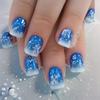 24Pcs Christmas Press On Nails Blue White Snowflake French Tip Glitter Almond Shape Glossy Fake Nails For Party