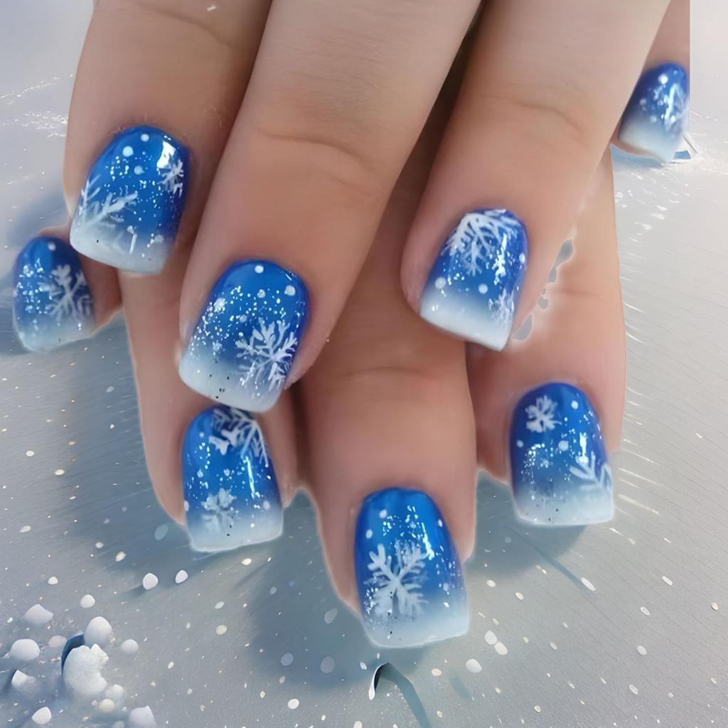 24Pcs Christmas Press On Nails Blue White Snowflake French Tip Glitter Almond Shape Glossy Fake Nails For Party