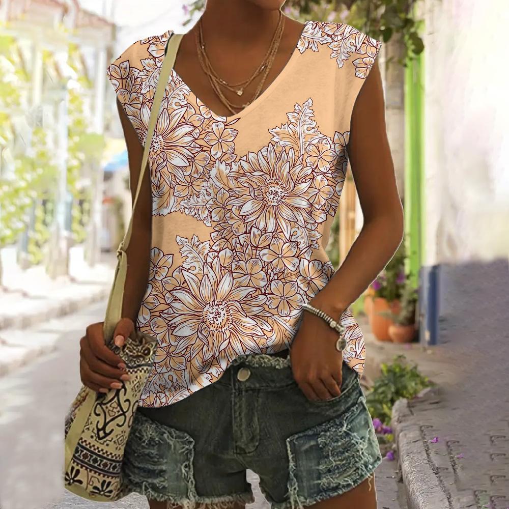 Летний женский жилет, свободный топ без рукавов, футболка с цветочным узором, модный V-образный вырез, короткий рукав, большой размер, повседневный жилет, женская одежда