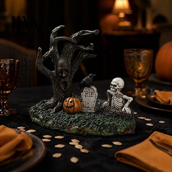 Sun Resistant Gothic Decor Halloween Garden Ornaments, Spooky Cemetery with Resin Skulls Dead Trees Props Pumpkin Raven for Indoor Outdoor Horror