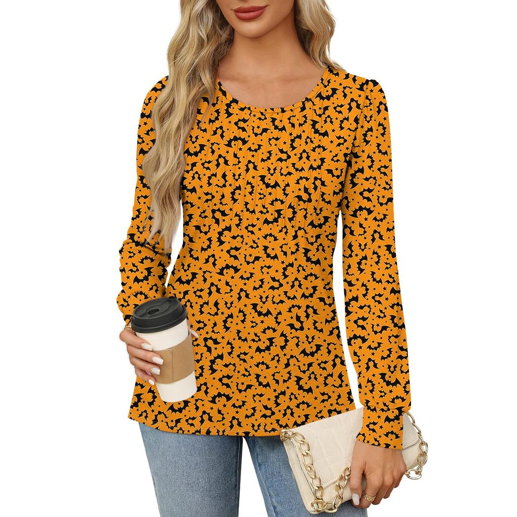 Long Sleeve Shirts For Women Cute Print Graphic Tees Blouses Dressy Casual Blouses Pleated Scooped Neck Tunic Tops Halloween