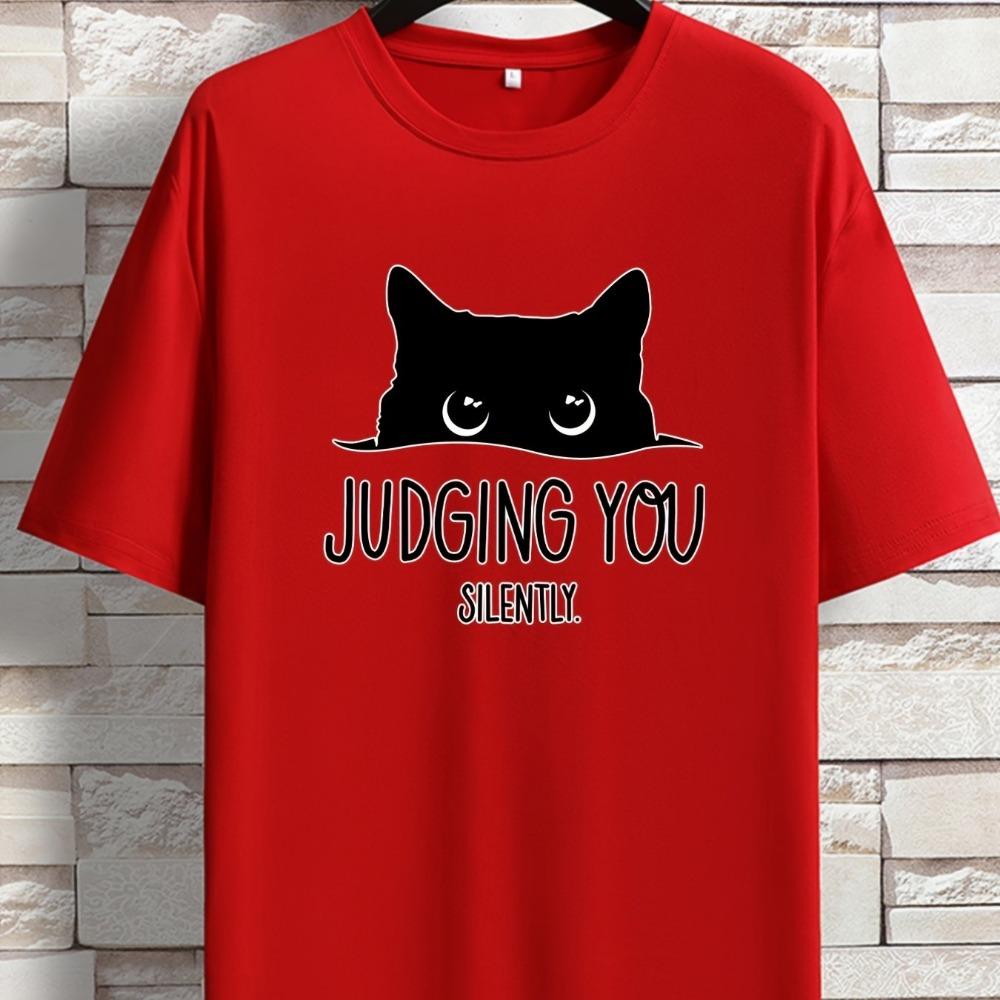Cat Print Loose T-shirt, Women Short Sleeve Crew Neck Tops, Casual Clothing for Summer