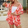 Лето-весна женская рубашка с коротким рукавом и цветочным принтом, топ с эластичной талией, шорты, костюм