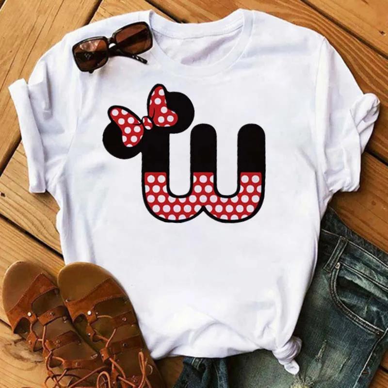 Милая футболка Disney с мультяшным Микки Маусом Женская блузка Женские топы Футболка с принтом букв Минни Белая футболка Свободная одежда для девушек в стиле хиппи
