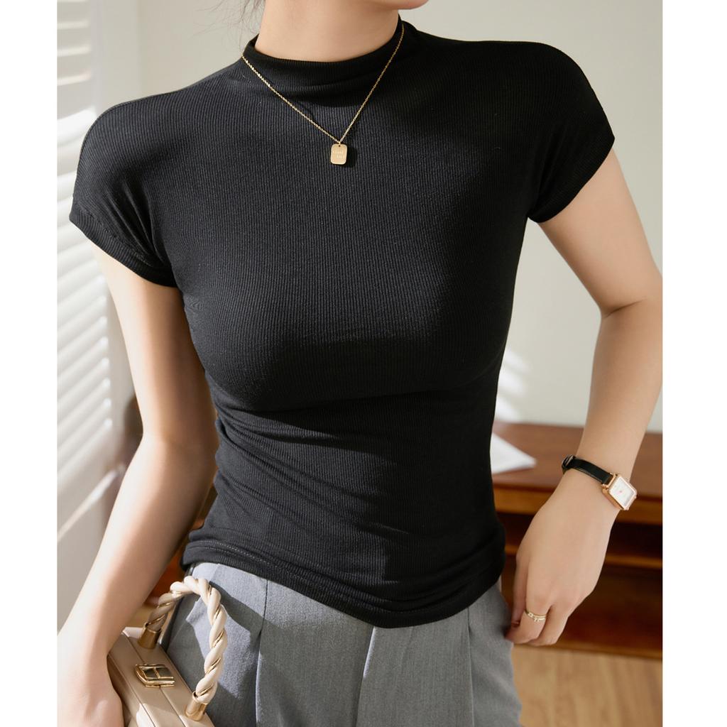 Women's Summer Shoulder Inserted Short-sleeved Thin Stand-up Collar Half-high Neck Tight T-shirt
