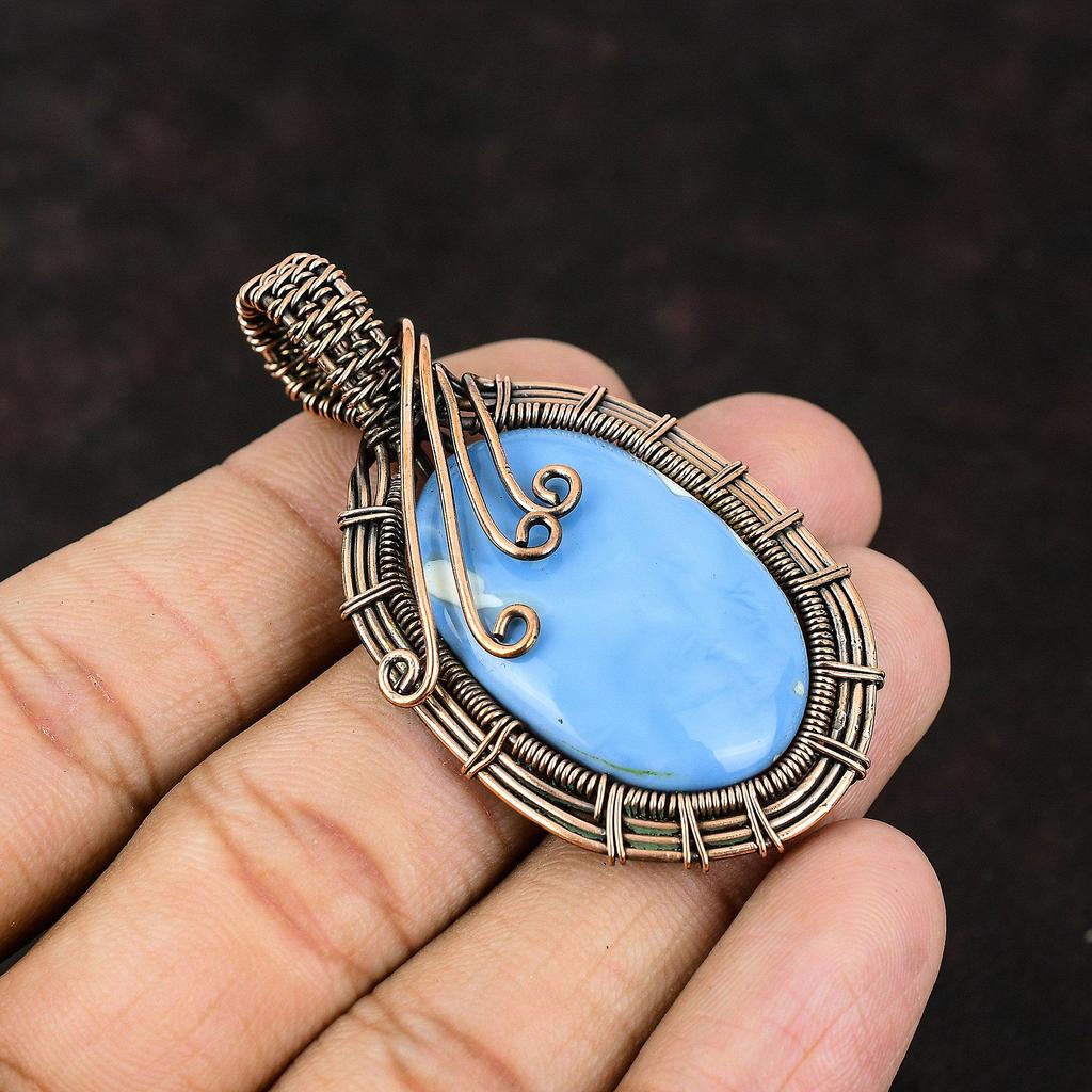 Кулон с голубым опалом Оуайхи, обернутый медной проволокой, кулон ручной работы, украшения из медной проволоки, подарок для женщин, ювелирные изделия из драгоценных камней высшего качества