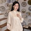 New Chinese Style Stand Collar Frog Button Embroidered Top and Wide-Leg Pants Two-Piece Set Acetate Satin Vintage Chinese Style Set P7111