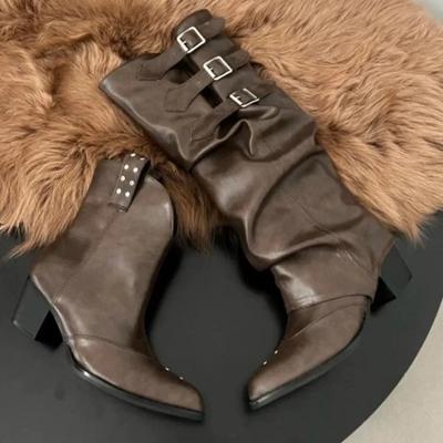 Модные ковбойские сапоги для женщин 2024 года, сапоги для верховой езды с пряжками, винтажная женская обувь со складками, классные сапоги до середины голени, женская обувь хорошего качества