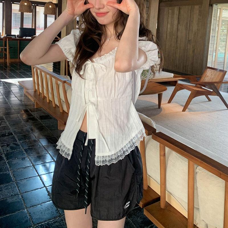 Summer Sweet Lace Spliced Shirts Stylish Drawstring Female Clothing Solid Color Elegant Square Collar French Style Slim Blouse