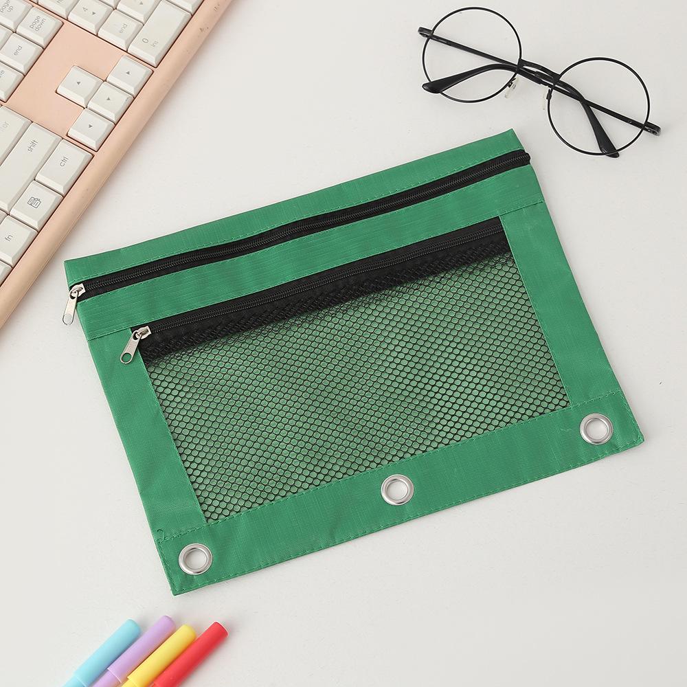 Transparent Three-Hole Pencil Case, Oxford Cloth, Mesh Design, Double Zipper, Waterproof