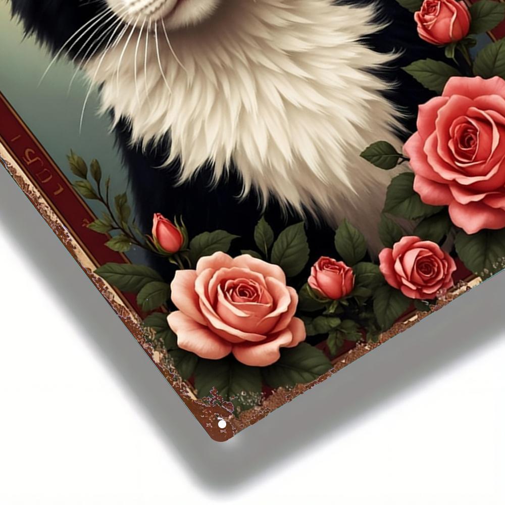 Винтажная металлическая табличка Черная Кошка и Роза 8x12 дюймов Рустикальное Настенное Искусство для Декора Дома, Кухни, Бара