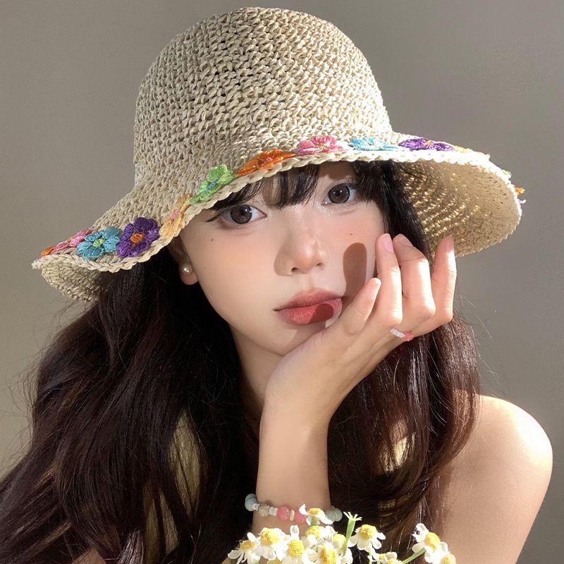 Соломенная шляпа с цветочным узором для женщин, летняя шляпа с большими полями для рыбалки, пляжная шляпа для защиты от солнца и защиты от солнца