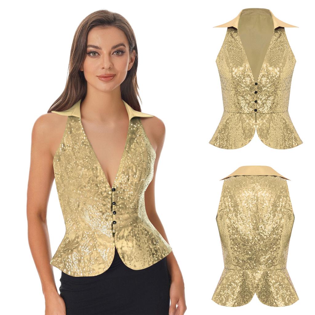 Women's Sequin Embellished Party Vest S-3XL, Lapel Sleeveless Sparkly Top for Night Out, Summer Banquet & Themed Party Wear
