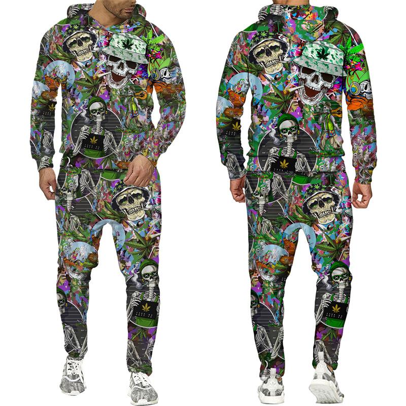 Новинка, спортивный костюм из 2 предметов с 3D принтом черепа и цветов, Мужская крутая толстовка с капюшоном + брюки, спортивный костюм унисекс, повседневная уличная одежда в стиле хип-хоп