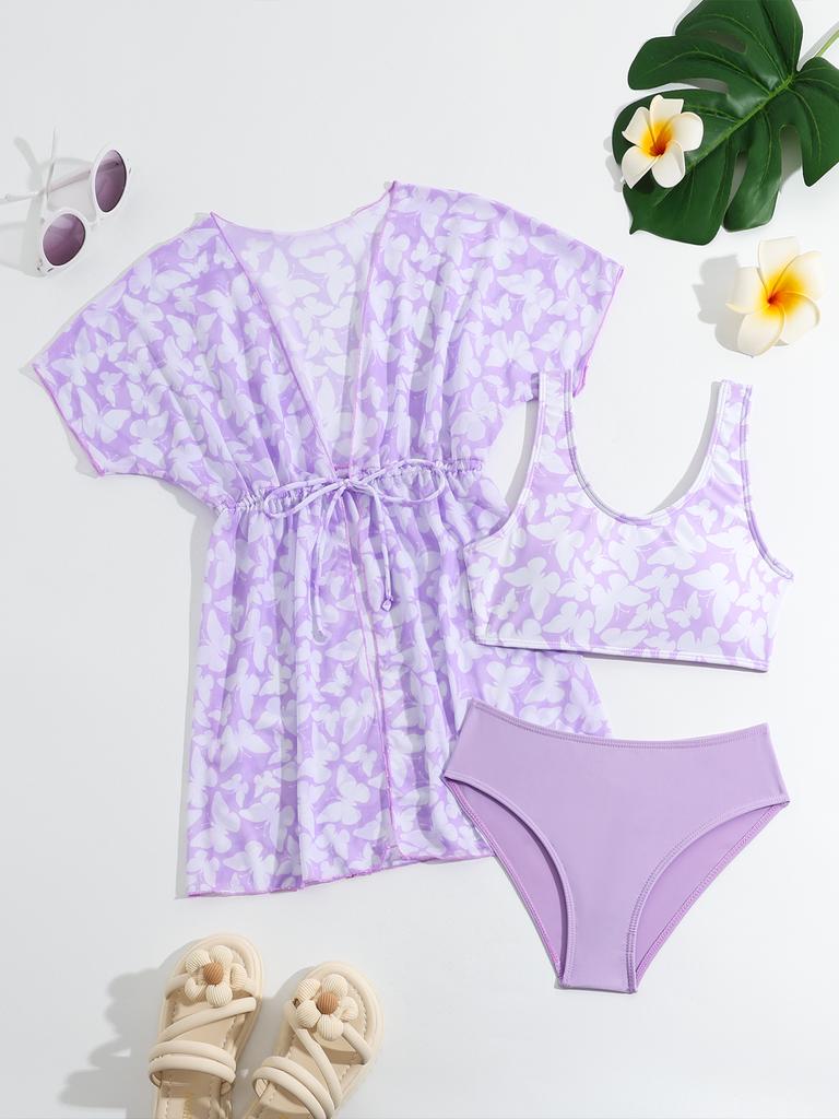 Модный комплект из 3 предметов для девочек, купальный костюм с принтом, топ с короткими рукавами, прикрытый купальник, купальный костюм