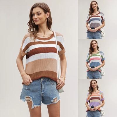 Футболка Bergaris Sambungan Longgar Sambungan Longgar Пуловер Kasual Свитер Rajut Lengan Pendek Wanita