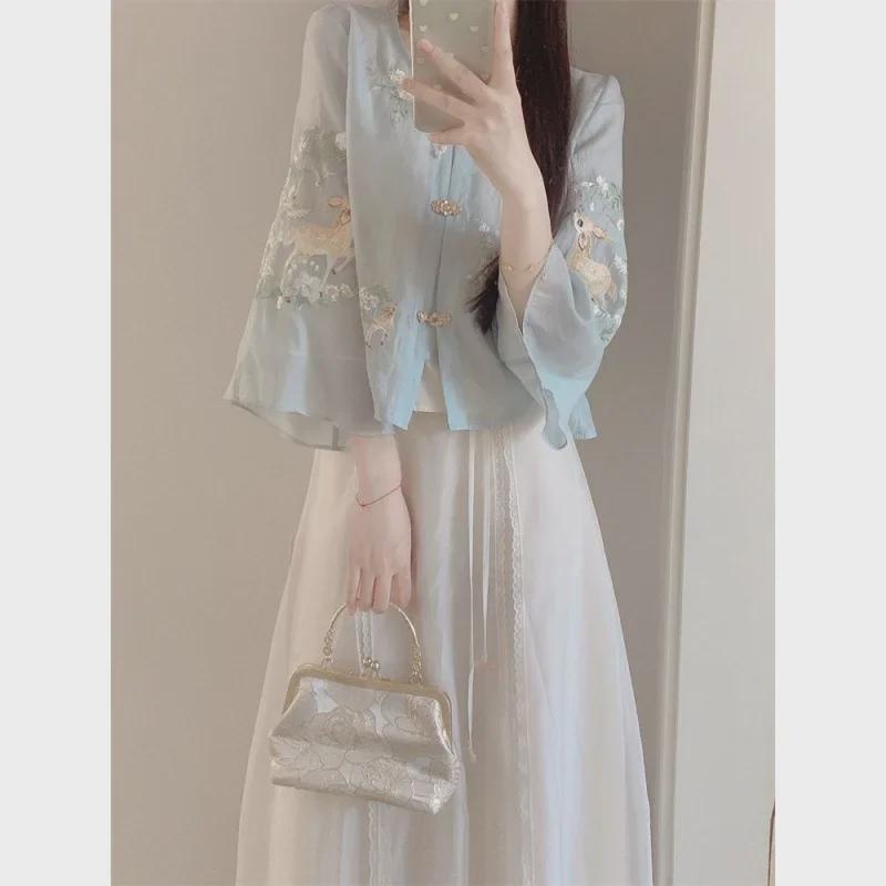 Elegant Embroidered Women's Two-Piece Summer Suit with Top & Skirt