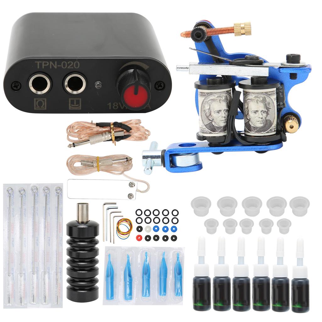 Complete Tattoo Kit Professional Tattoo Machines Starter Kit Tattoo Coils Machines Needles Grips 6