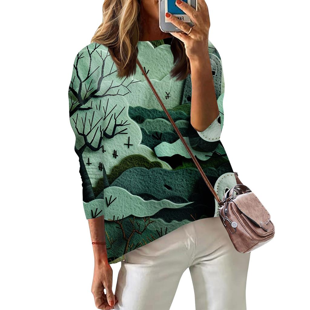 Женская футболка с принтом, длинный рукав, повседневная, выходного дня, модная, с заниженной линией плеч, с круглым вырезом, блузка