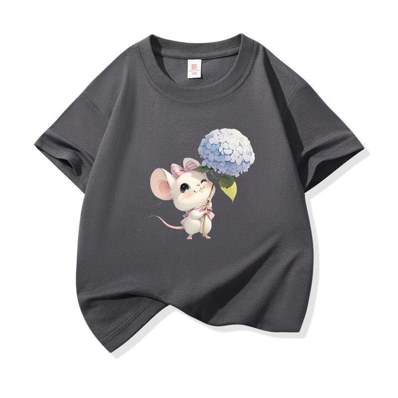 Kids Cotton T Shirt Mouse Holding Hydrangea Flower Print Crew Neck Short Sleeve Tee Casual Boys Girls Summer Tops
