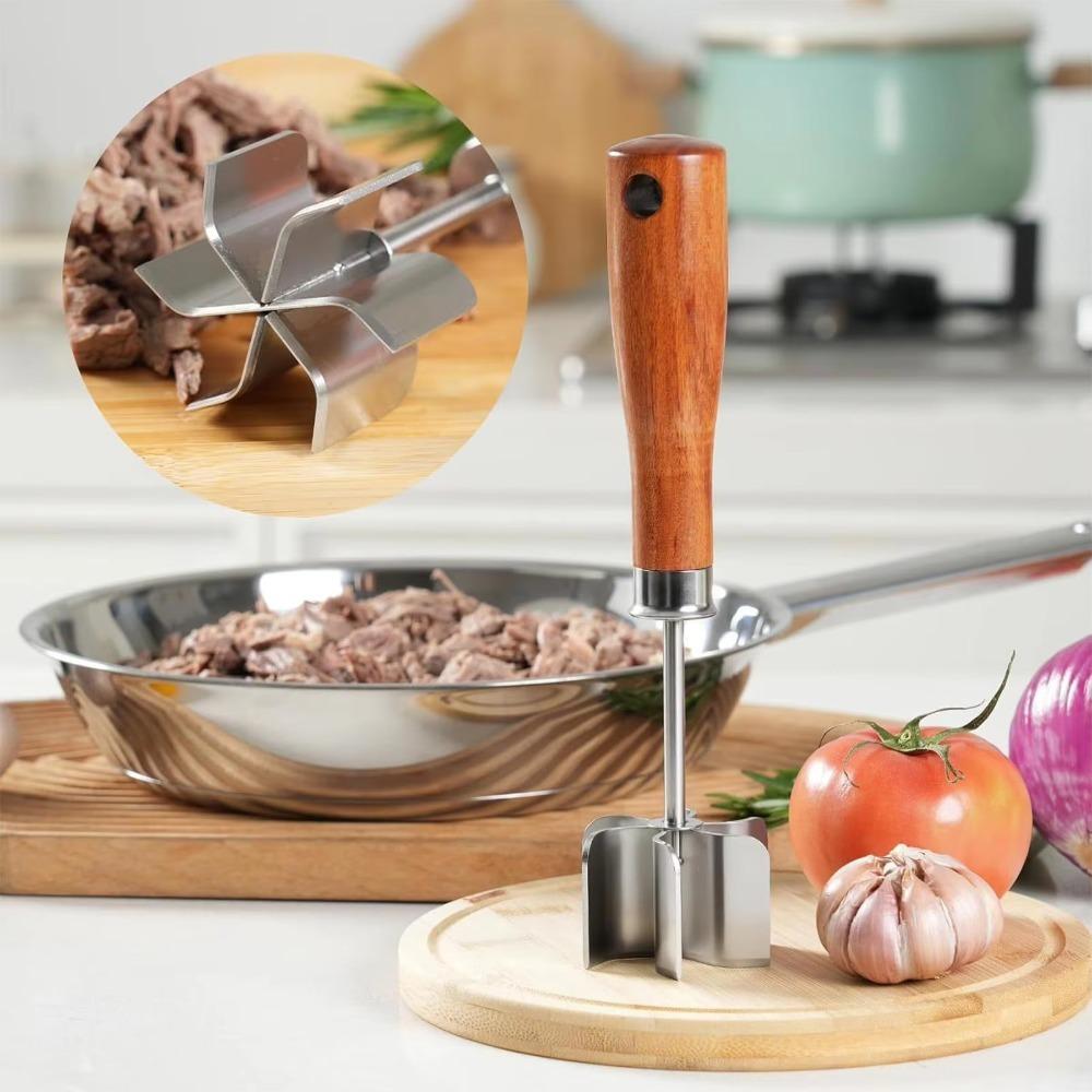 Wooden Handle Food Masher Stainless Steel Potato Smasher Ground Beef Chopper Restaurant