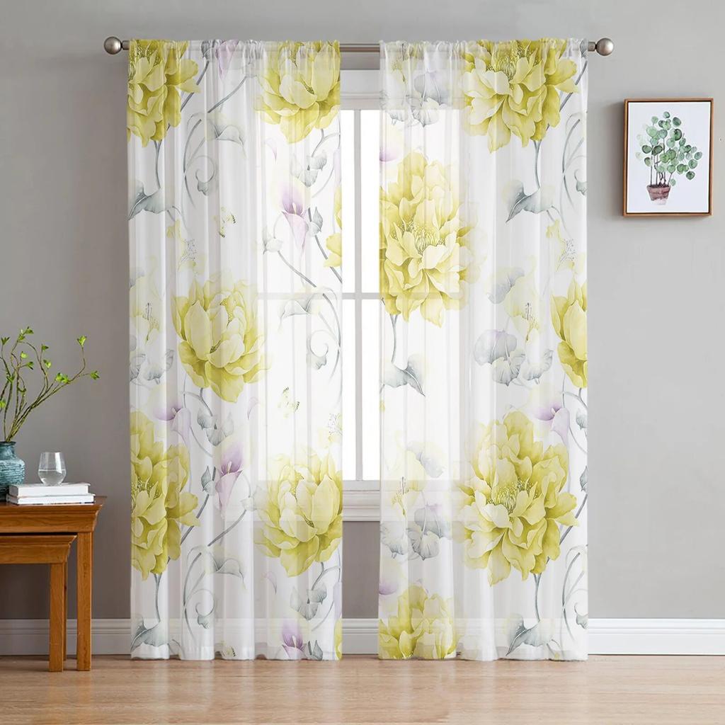 Pink Watercolor Flowers Retro Window Tulle Curtains for Living Room Bedroom Hotel Luxury Decoration Sheer Curtains