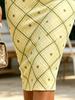 Light Yellow Green Star Plaid Print One Shoulder Spaghetti Strap Bodycon Midi Dress Slim Fit Waisted Dress