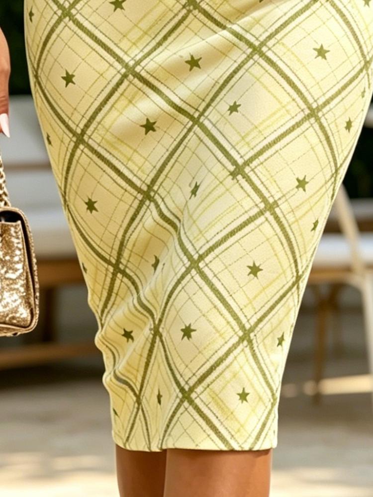 Light Yellow Green Star Plaid Print One Shoulder Spaghetti Strap Bodycon Midi Dress Slim Fit Waisted Dress