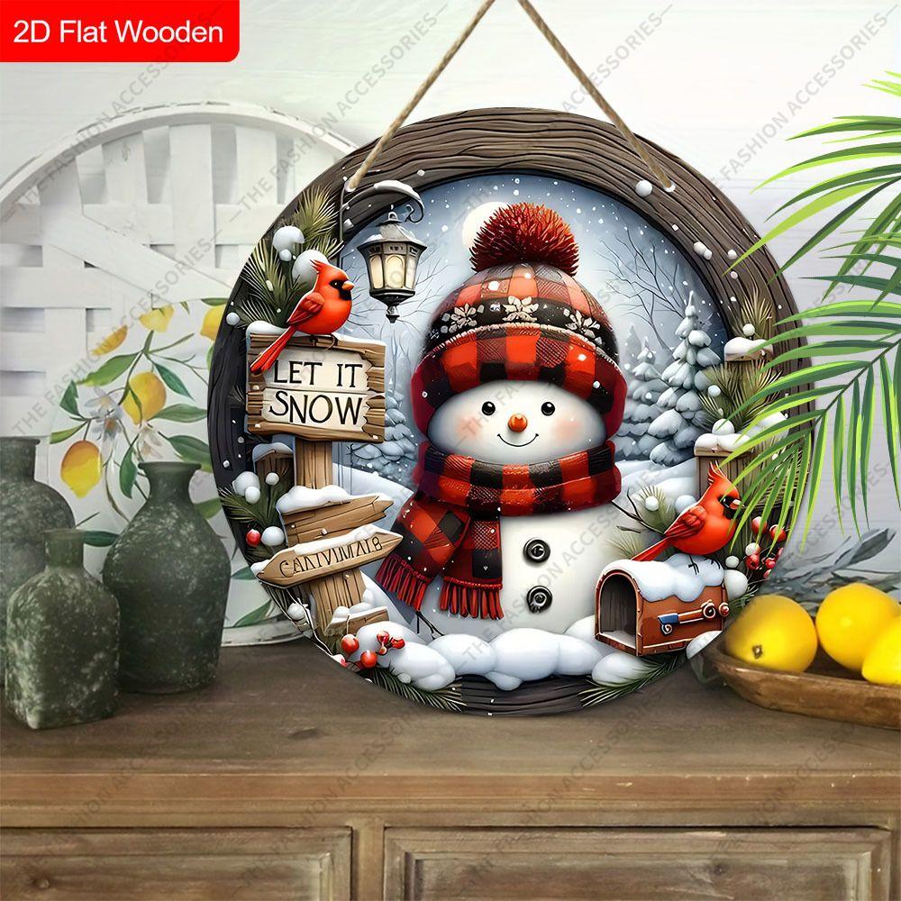 Клетчатый снеговик, кардинал, 'Let It Snow', круглая деревянная подвесная табличка, 2D плоская печатная рождественская настенная/дверная подвеска, декор для дома на Рождество, подарок