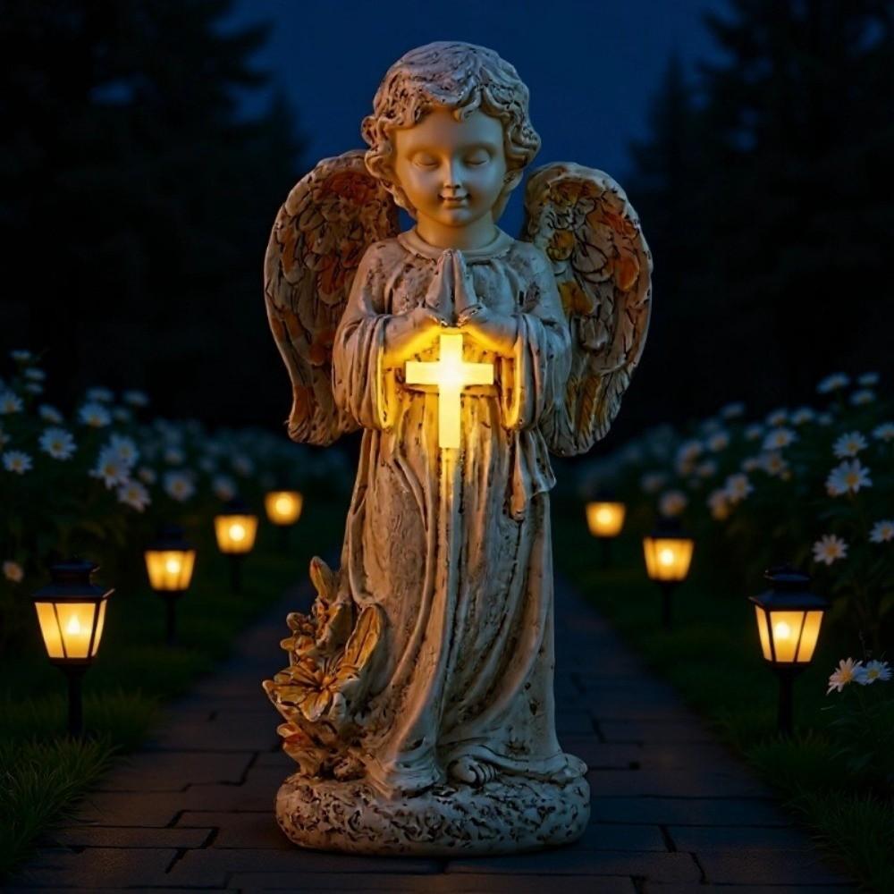 Solar Powered Resin Praying Angel Figurine Angel Cemetery Decoration Patio Decoration