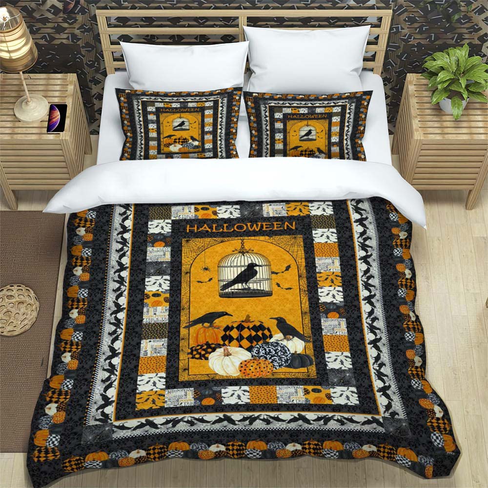 Halloween Patchwork Style Three-piece Bedding Set with Black Cat, Bat, Pumpkin, and Retro Plaid Print.