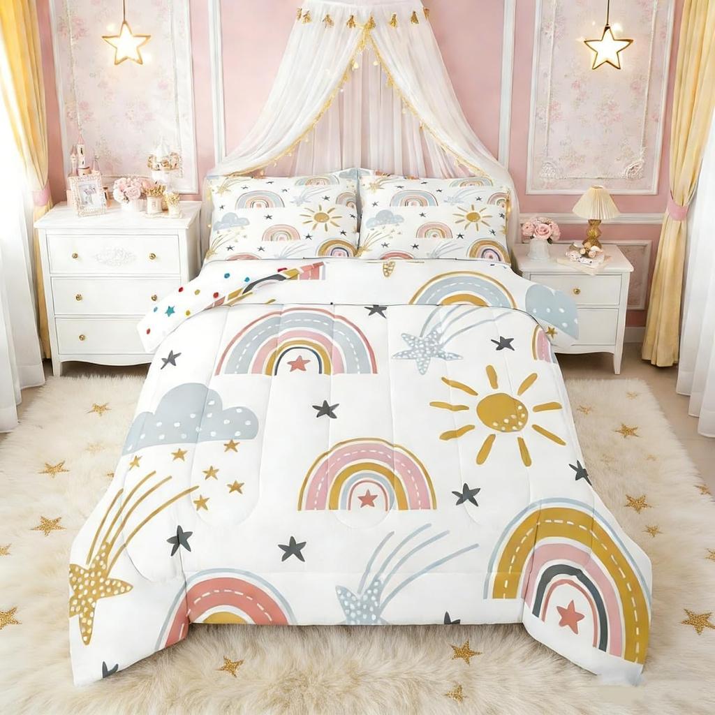 Erosebridal Girls Rainbow Bedding Set, Sun and Stars Comforter Set Twin for Kids Boys Children Cartoon Cloud Bedding Comforters Girly Soft M