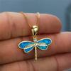 Fashion Gold Color Blue Simulated Opal Dragonfly Pendant Necklace For Women Inlay Crystal Necklace Wedding Jewelry Gift for Her
