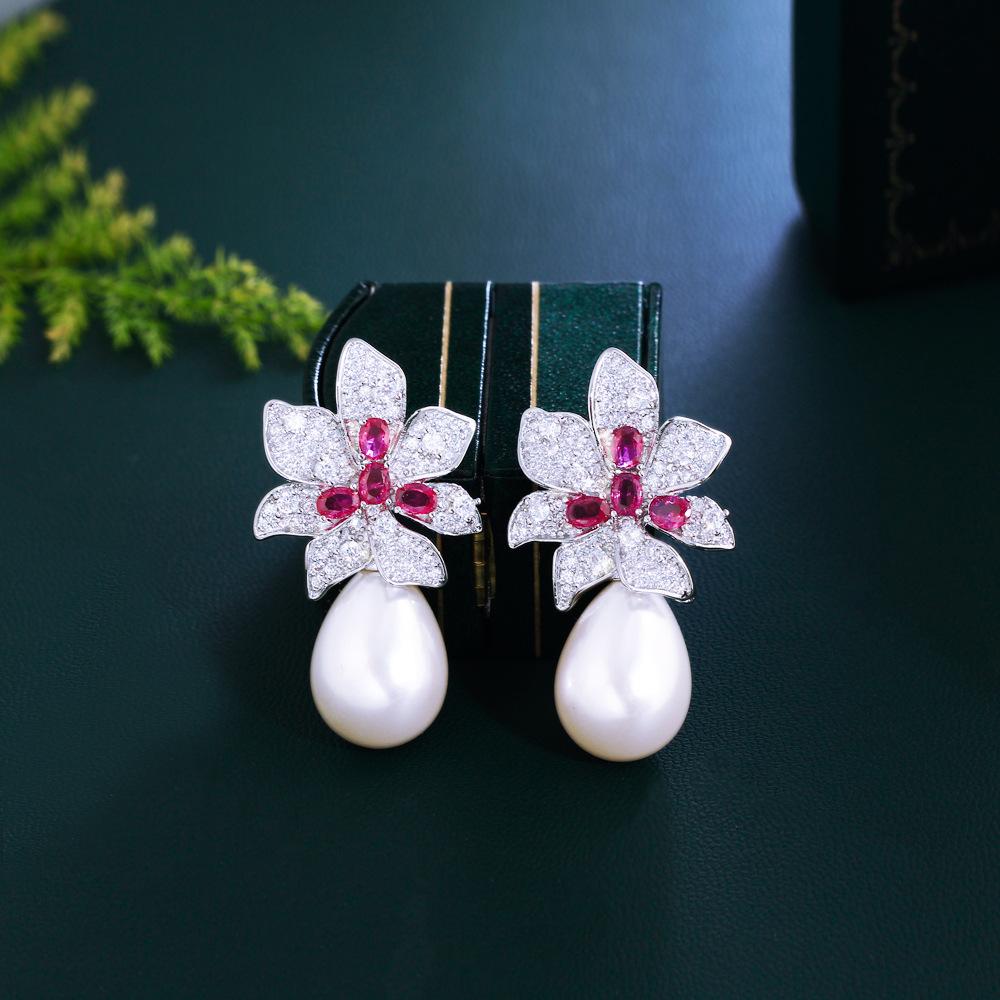 Серьги-пусеты с цветком из сладкого циркона, жемчугом, иглами, высококлассные, с темпераментом, в стиле знаменитостей, безделушки