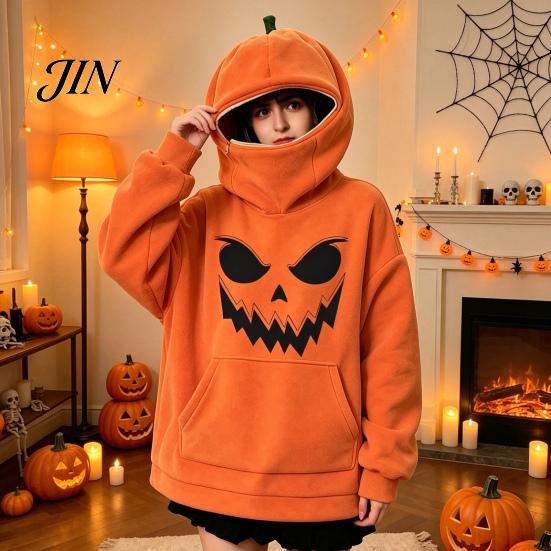 Halloween Costume Pullover Top Women Oversized Pumpkin Hoodie, Fall Long Sleeve Hooded Jack-O-Lantern Sweatshirt with Pocket, Holiday Pocket