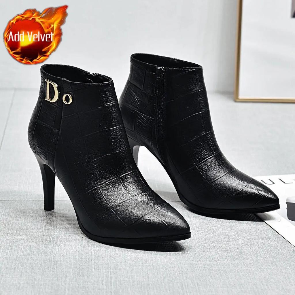 Fashion Woman Short Shoes Soft Stiletto Heel Plaid Ankle Boots for Women Solid Color Large Size Warm Autumn Pu Fashion 2025 Booties Sale