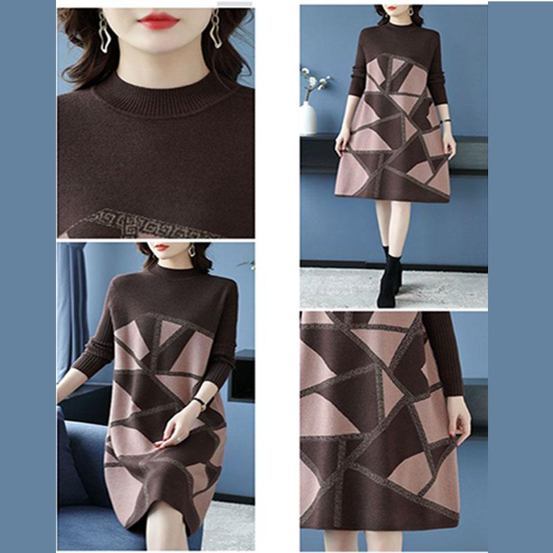 Высококачественное трикотажное платье больших размеров, осенне-зимнее платье-свитер с принтом средней длины, А-силуэт, плотное свободное платье-свитер длиной до колена
