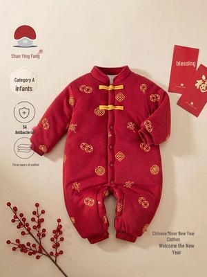 Красный хлопковый комбинезон для малыша на Новый год: Теплая, Утолщенная Детская Верхняя Одежда в Китайском Стиле