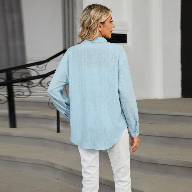 Весенне-осенняя женская рубашка, однотонный свободный топ с длинными рукавами и карманами с лацканами