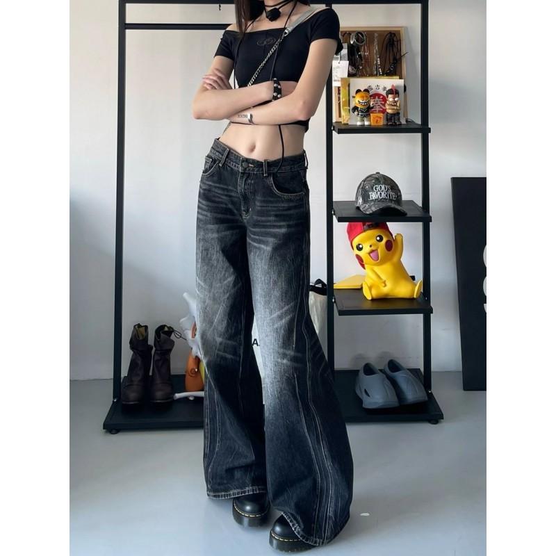 Womens Plus Size High-Waisted Straight Leg Wide Denim Pants Black Washed Cotton Refined Streetwear