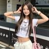 Crew Neck Front Shoulder Open Navel Short-sleeved T-shirt Women's Summer New KT Cat Print Short Slim Sweet Hottie Top Ins