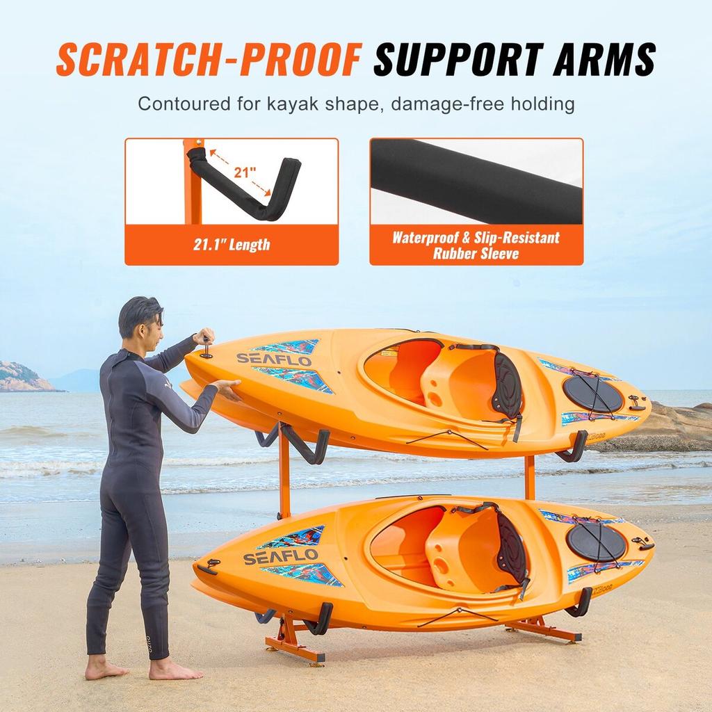 Freestanding Kayak Storage Rack, Kayak Stand for 4 Kayak Canoe Paddleboard, Heavy-duty Steel Kayak Hanger Holder with Padded Arms and Adjustable