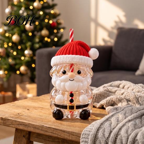Borosilicate Glass Cup Christmas Santa Straw Cup, High Tumbler, Durable for Party Reusable Drinking Cold Beverages And Festive Decorations Clear